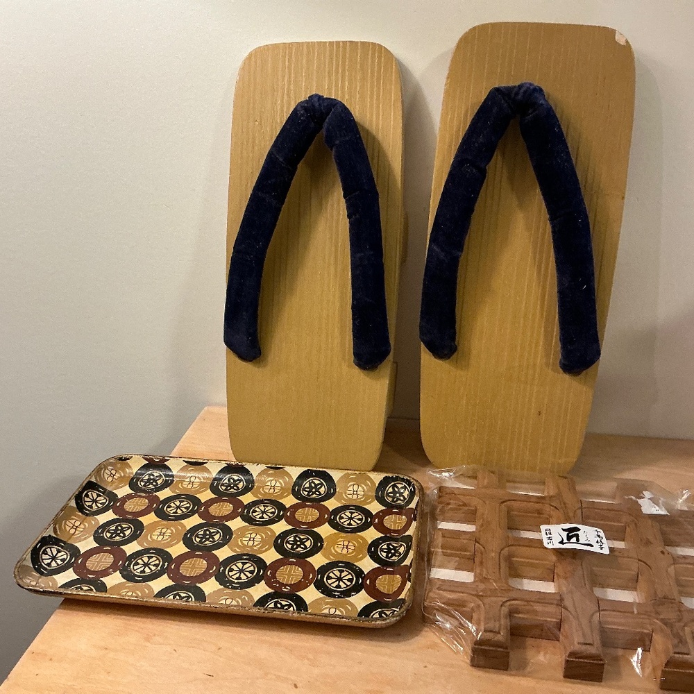 Japanese Geta Traditional Sandals, Paper Mache Serving Tray And Trivet